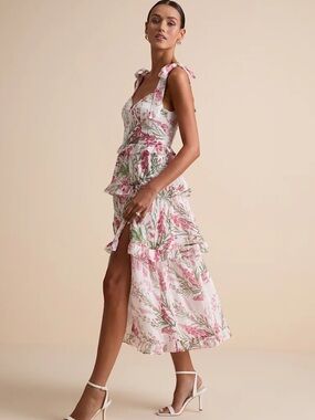 Lulu's Pink & Green Floral Tie-Shoulder Midi Dress